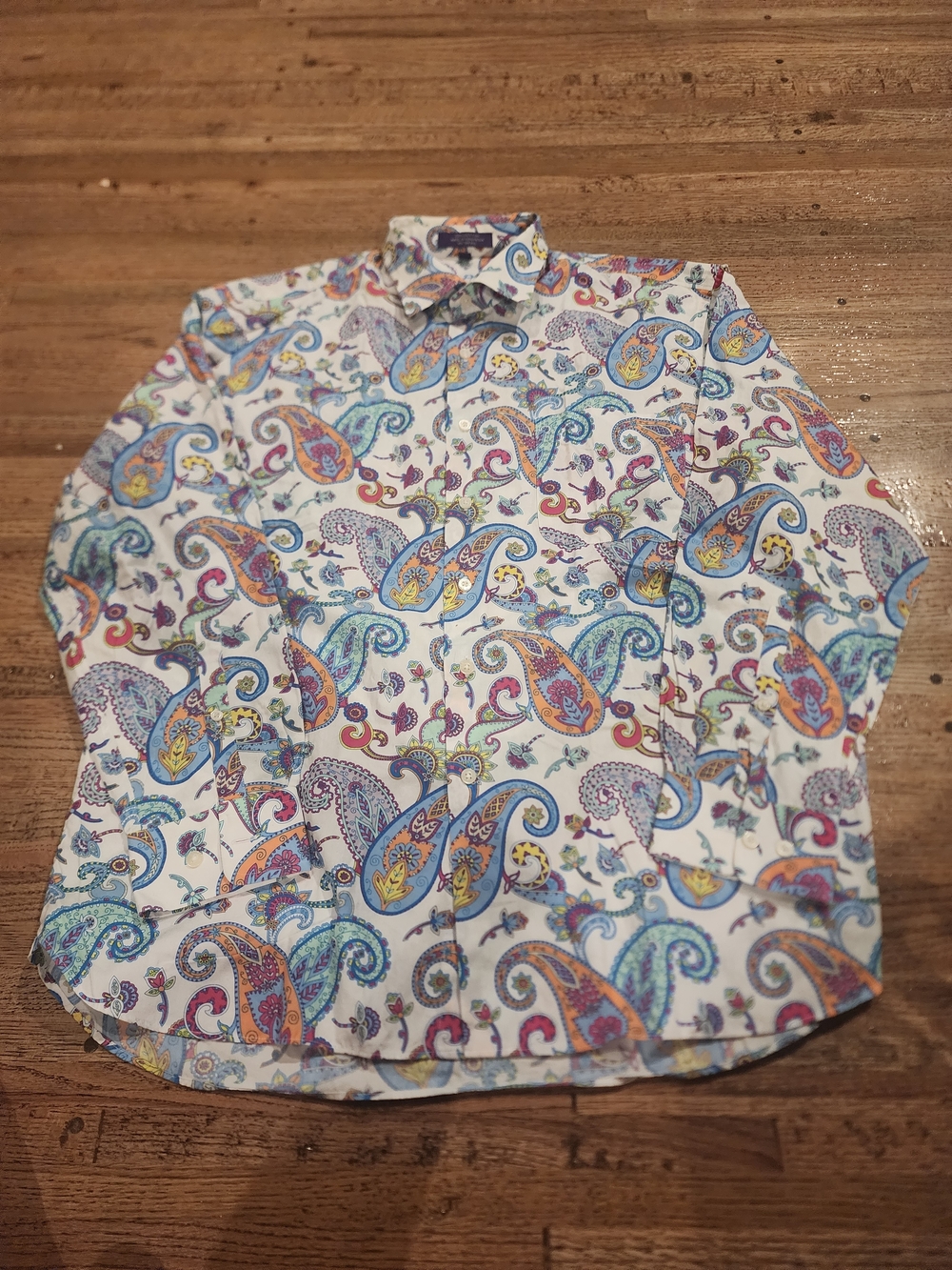Alan Flusser White Paisley Button-Down Shirt with Blue, Yellow, and Red Accents